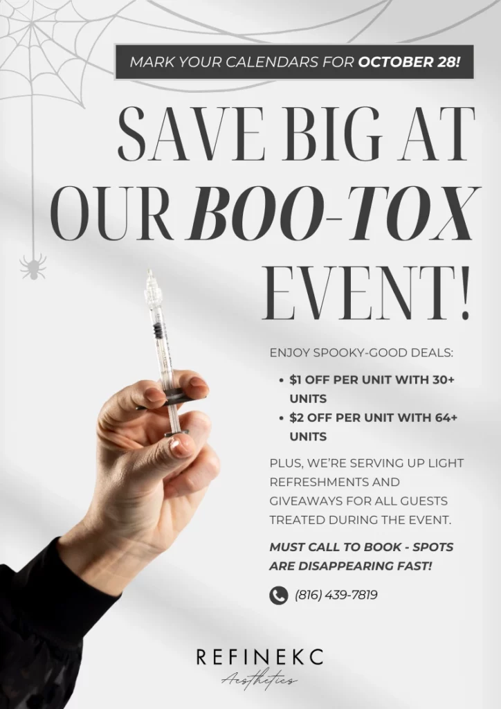 Promotional flyer for RefineKC Aesthetics in Kansas City, MO, advertising a “Boo-Tox Event” on October 28 with Botox discounts, light refreshments, and giveaways.