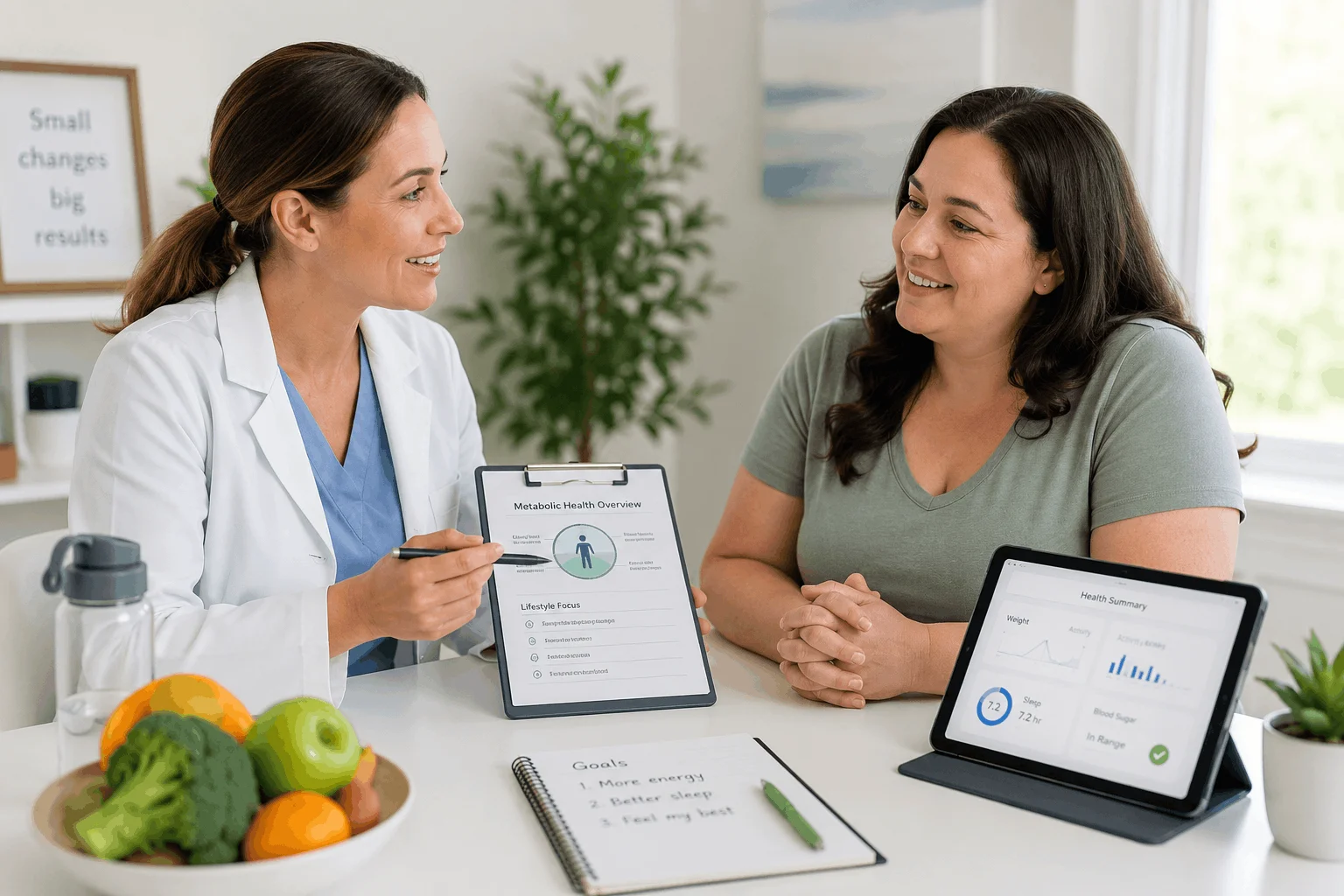 Physician discussing personalized medical weight loss and metabolic health with a patient in a wellness clinic.