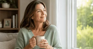 Middle-aged woman relaxing by a window with a calm expression, representing emotional wellness and hormone balance during menopause