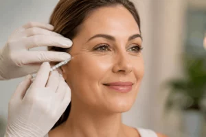 Women Receiving Botox injection for crow's feet around the outer eye RefineKC Aesthetic in Kansas City, MO