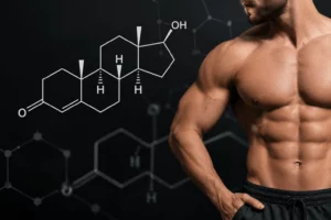 Muscular male torso beside a chemical structure diagram representing hormone science and Testosterone Replacement Therapy in Kansas City, Missouri