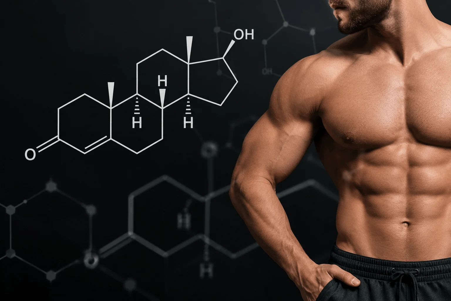 Muscular male torso beside a chemical structure diagram representing hormone science and Testosterone Replacement Therapy in Kansas City, Missouri