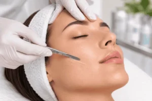 Woman receiving a professional dermaplaning facial treatment at RefineKC Aesthetics in Kansas City, MO.